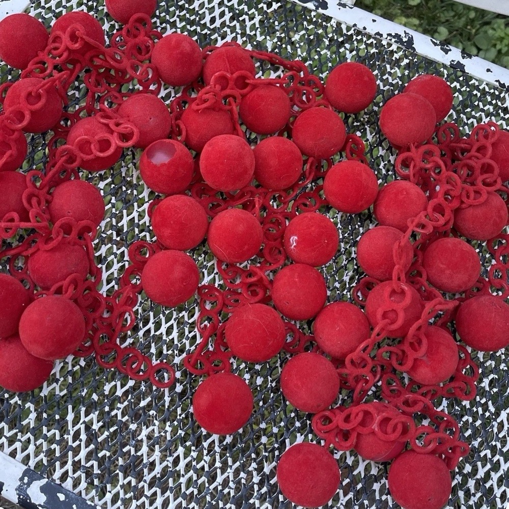 3 Vintage MCM Plastic Red Velvet Flocked Felt Ornament Garland Christmas Decor